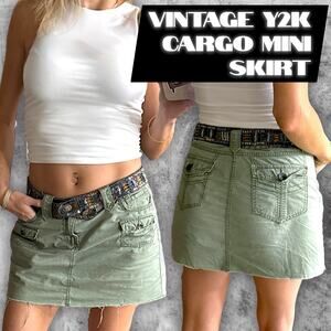Faded Glory Olive Green Cargo Mini Skirt Raw Hem Y2K Utility Grunge Sz 4
